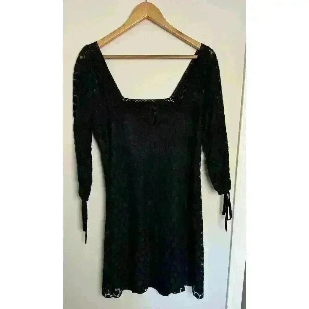EUC Solitaire Women's Black Lace Square Neck 3/4 Sleeve Pull Over Dress Size M - Picture 6 of 11